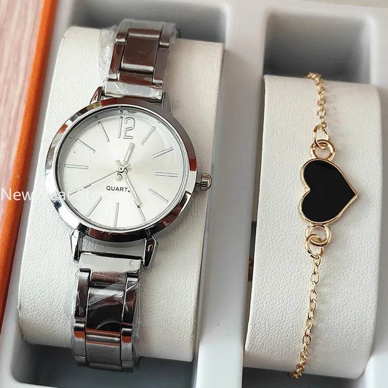 2pcs Business Fashion Womens Watch Elegant Golden Quartz Wristwatch Heart Charm Bracelet Set Montre Femme Relojes Para Damas - Zonashopper Express