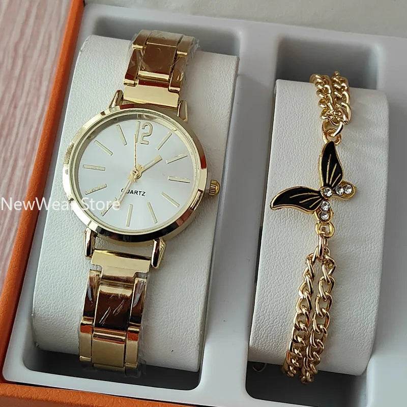 2pcs Business Fashion Womens Watch Elegant Golden Quartz Wristwatch Heart Charm Bracelet Set Montre Femme Relojes Para Damas - Zonashopper Express