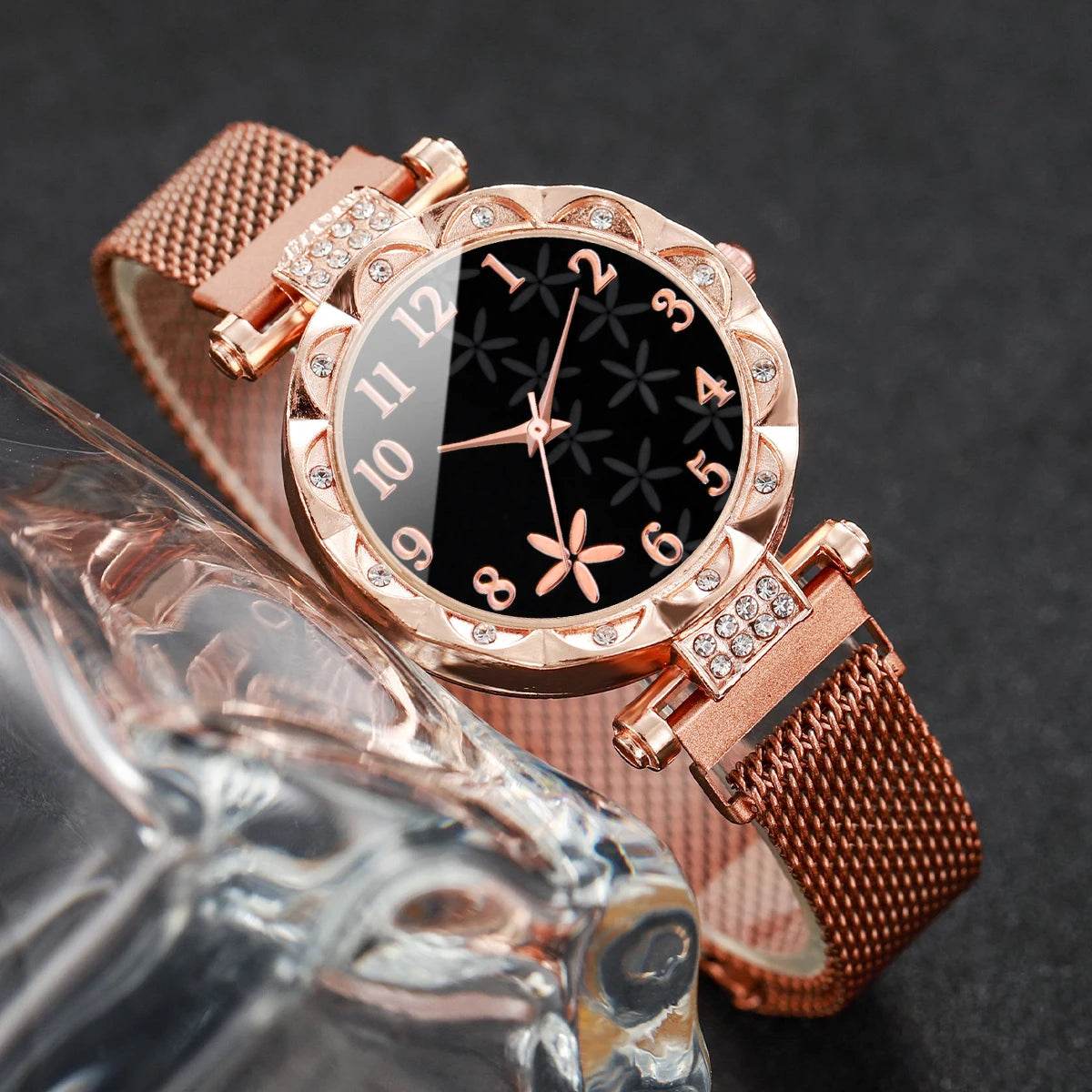 2PCS/Set Fashion Flower Dial Women's Watch Magnet Buckle Mesh Band Quartz Watches Star Bracelet Set(Without Box) - Zonashopper Express