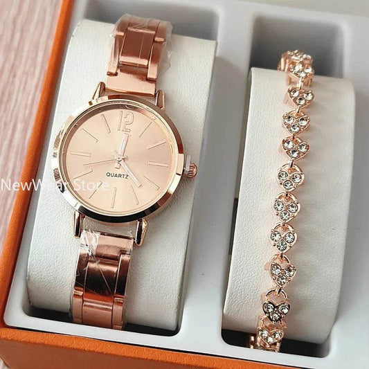 2pcs Business Fashion Womens Watch Elegant Golden Quartz Wristwatch Heart Charm Bracelet Set Montre Femme Relojes Para Damas - Zonashopper Express