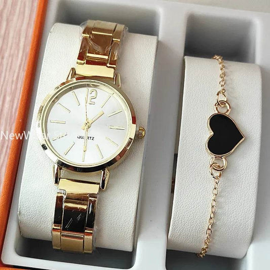 2pcs Business Fashion Womens Watch Elegant Golden Quartz Wristwatch Heart Charm Bracelet Set Montre Femme Relojes Para Damas - Zonashopper Express