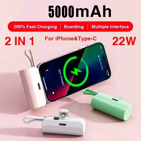 5000mAh Mini Power Bank 2 IN 1 Fast Mobile Phone Charger External Battery Power Bank Plug Play For iPhone and Type-c - Zonashopper Express
