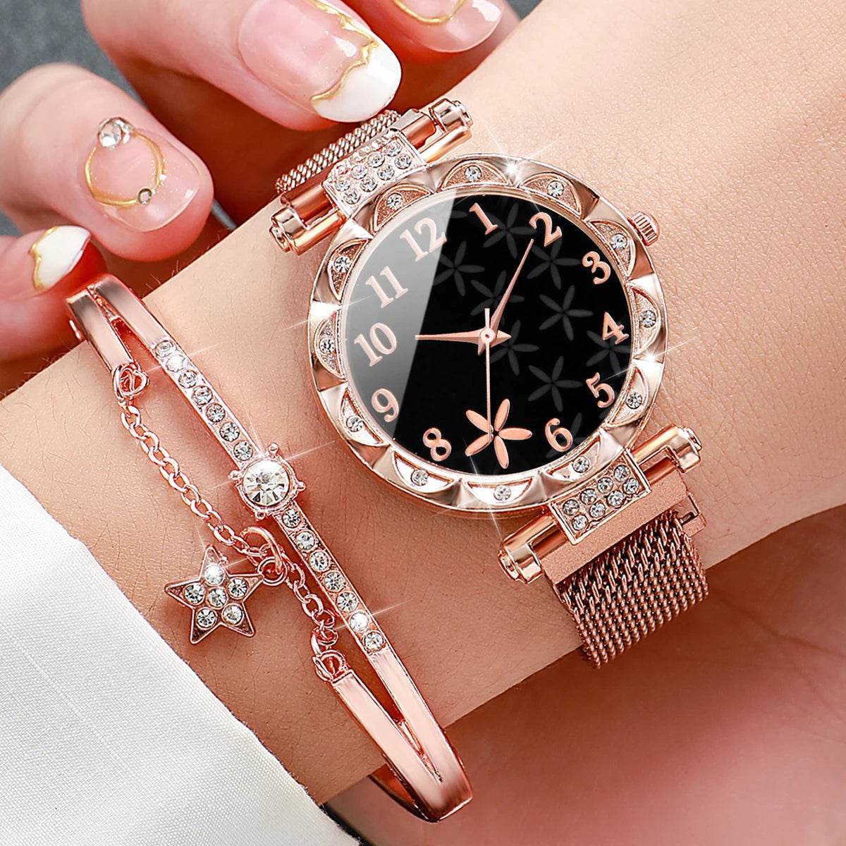 2PCS/Set Fashion Flower Dial Women's Watch Magnet Buckle Mesh Band Quartz Watches Star Bracelet Set(Without Box) - Zonashopper Express