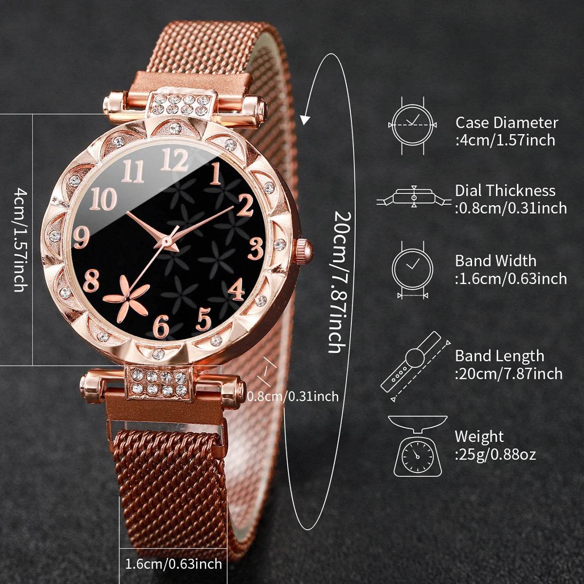2PCS/Set Fashion Flower Dial Women's Watch Magnet Buckle Mesh Band Quartz Watches Star Bracelet Set(Without Box) - Zonashopper Express