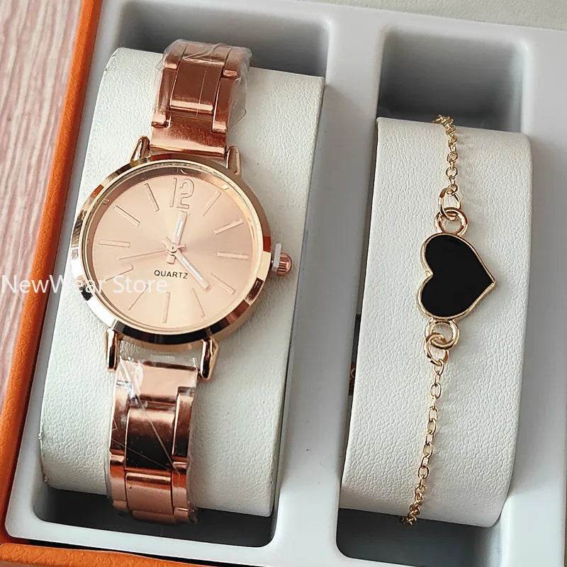 2pcs Business Fashion Womens Watch Elegant Golden Quartz Wristwatch Heart Charm Bracelet Set Montre Femme Relojes Para Damas - Zonashopper Express