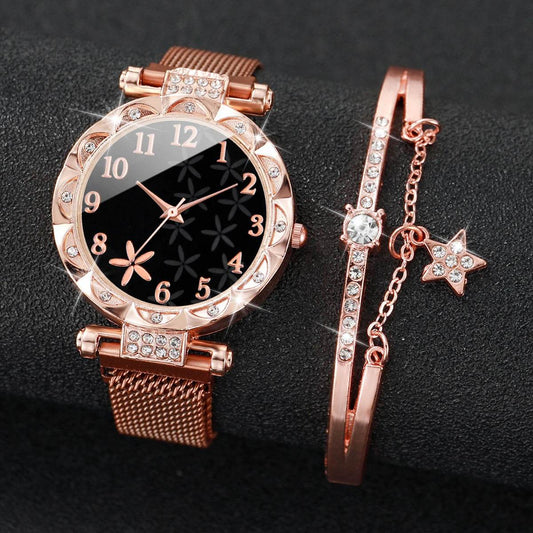 2PCS/Set Fashion Flower Dial Women's Watch Magnet Buckle Mesh Band Quartz Watches Star Bracelet Set(Without Box) - Zonashopper Express