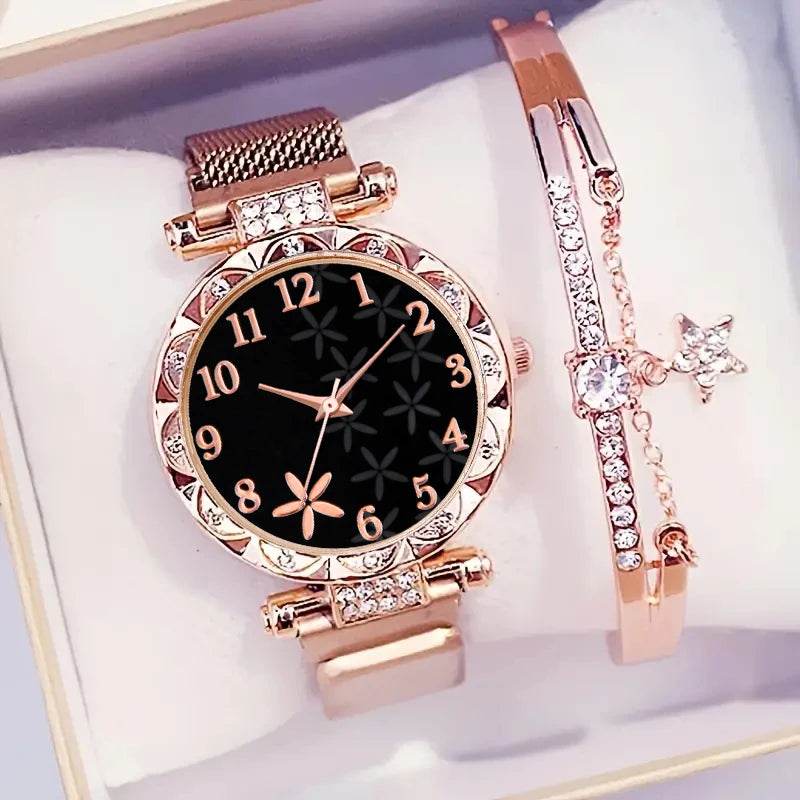 2PCS/Set Fashion Flower Dial Women's Watch Magnet Buckle Mesh Band Quartz Watches Star Bracelet Set(Without Box) - Zonashopper Express